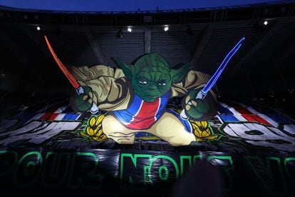 Yoda Tifo appears in the stands before the first leg of the Champions League quarterfinals, between Paris Saint-Germain and FC Barcelona, ​​at the Parc des Princes, in Paris.