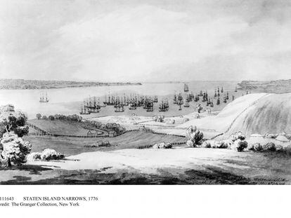 STATEN ISLAND NARROWS, 1776. 'View of the Narrows between Long Island and Staten Island with our fleet at anchor and Lord Howe Coming In.' Pen and ink and wash drawing, 12 July 1776, by Archibald Robertson, a lieutenant in the Royal Engineers.