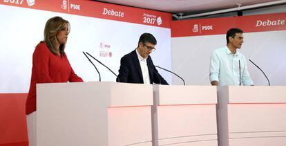Susana Díaz, Patxi López y Pedro Sánchez en el debate electoral durante la campaña de las primarias a la secretaría general del PSOE.
