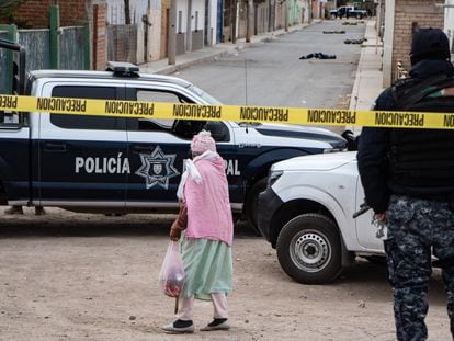 Una mujer camina por la calle principal de la comunidad Pardillo III, en Zacatecas, donde el pasado 5 de febrero, las autoridades municipales hallaron 10 cuerpos con signos de tortura.
