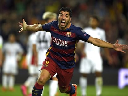 Suárez celebra el gol de la victòria contra el Leverkusen.