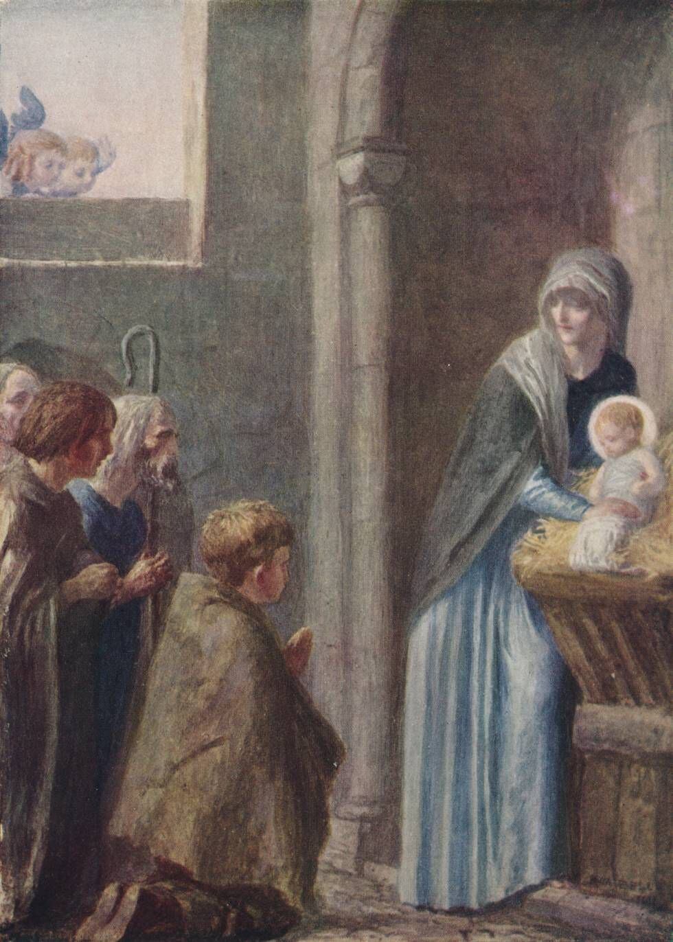 En esta pintura de Robert Anning Bell del siglo XIX ya se representa a los tres reyes magos adorando al niño Jesús.