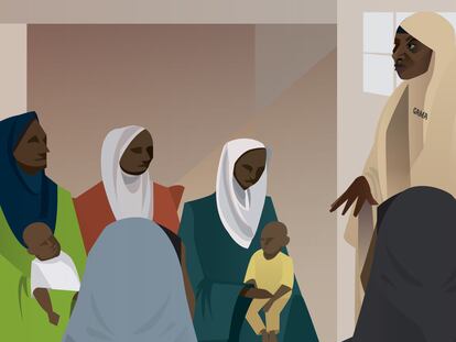 La ilustración representa a la trabajadora sanitaria Amina Ahmed instruyendo a un grupo de madres sobre las vacunas.