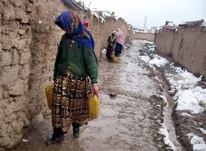 Niñas afganas llevan bidones con agua potable en Herat.