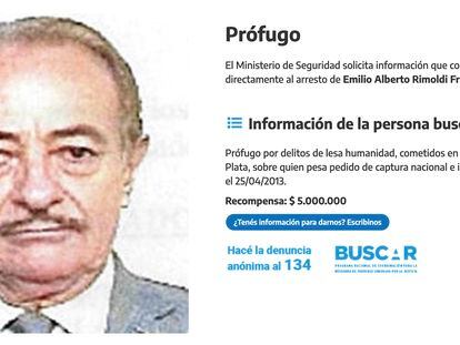 La ficha del prófugo Emilio Alberto Rimoldi Fraga en el programa Buscar.