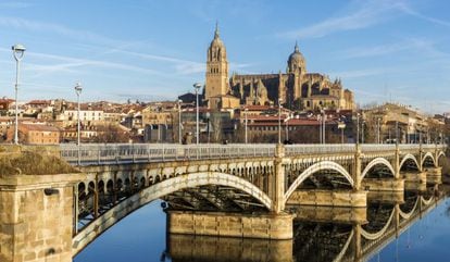 Vista de Salamanca con la Catedral y el puente sobre el río Tormes.