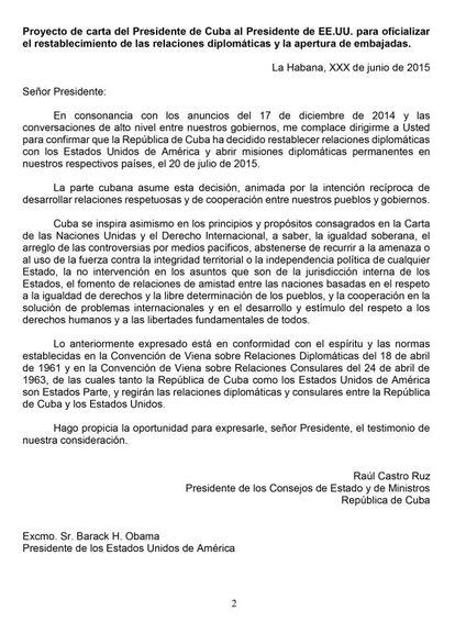 Carta de Raúl Castro.