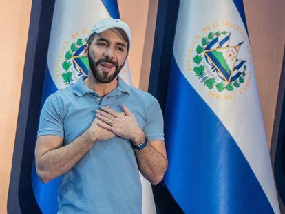 El presidente Nayib Bukele en una conferencia de prensa en San Salvador, El Salvador, el 4 de febrero 2024.