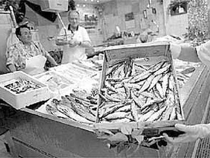 Una pescadera del mercado de La Bretxa muestra una caja de sardinas.