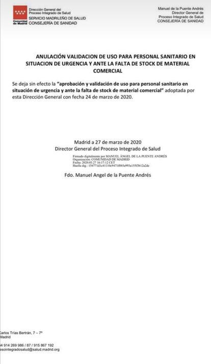 Notificación de la Comunidad de Madrid recibida por los administradores del grupo de Telegram de fabricantes caseros en Madrid.