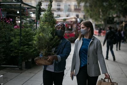 Dos mujeres con un pequeño árbol de Navidad en la Fira de Santa Llúcia de Barcelona.