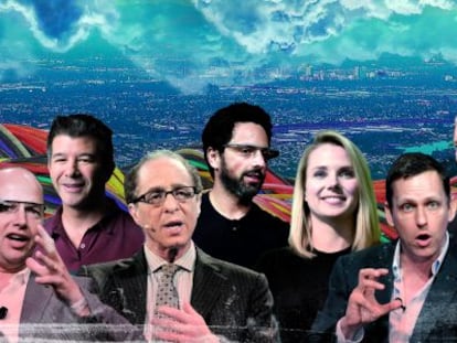 D'esquerra a dreta: Sebastian Thrun (Google), Travis Kalanick (Uber), Ray Kurzweil (Google), Sergey Brin (Google), Marissa Mayer (Yahoo), Peter Thiel (Pay Pal -Thiel), Tim Cook (Apple), Joe Gebbia (Airbnb).