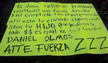 El mensaje que le dejaron al alcalde. Arriba estaba la cabeza.