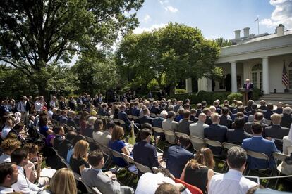 Trump, este jueves en su comparecencia en la Casa Blanca