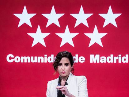 La presidenta de la Comunidad de Madrid, Isabel Díaz Ayuso, en su declaración del jueves ante la prensa.