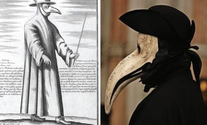 A la izquierda, un médico de la peste en un grabado del siglo XVII, a la derecha, un disfraz en los carnavales de Venecia.