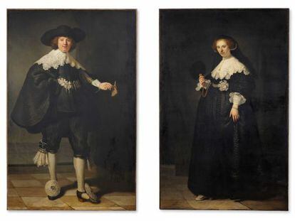 Los retratos del matrimonio Soolsmans Marten Soolsmans (izquierda) y su mujer, Oopjen Coppit (1634), de Rembrandt.