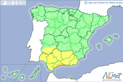 Las provincias de Málaga y Granada se encuentran en alerta naranja por riesgo de fuertes lluvias. Ceuta, Melilla, Badajoz, y seis provincias andaluzas están bajo alerta amarilla.