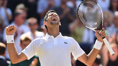 El serbio Novak Djokovic celebra su triunfo ante el sudafricano Kevin Anderson el 15 de julio en Wimbledon.