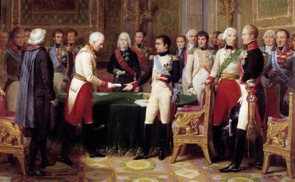 Pintura de Nicolas Gosse que muestra a Napoleón con un embajador austriaco en 1808. Entre ambos se sitúa Talleyrand.