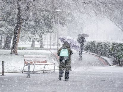 Una mujer se protege de la nieve con un paraguas en Vitoria-Gasteiz, este martes en Vitoria.