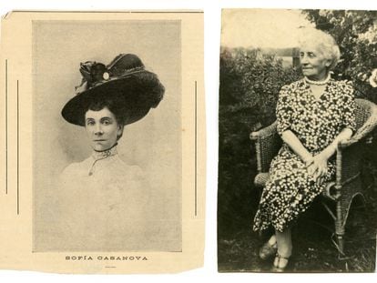 A la izquierda, Sofía Casanova en un retrato en torno a 1913. A la derecha, la autora fotografiada en 1946 en la casa de campo de su hija Halita, en Polonia.
