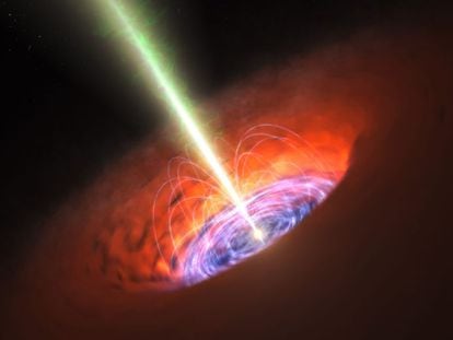 Recreaci&oacute;n art&iacute;stica de un agujero negro supermasivo en el centro de una galaxia