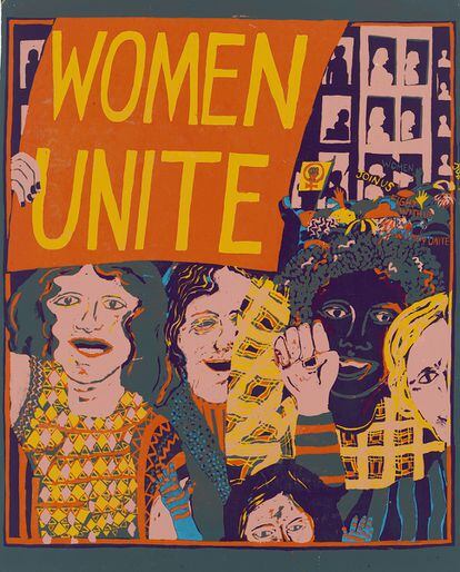 En los años 70, la publicación feminista Red Rag puso un anuncio en el que buscaba interesadas en formar un grupo que combatiese la imagen negativa de las mujeres en publicidad y medios de comunicación. Tres antiguas estudiantes de arte lo vieron, decidieron unirse, y el resto es historia. Nombres como Suzie Mackie o Pru Stevenson quedaron ligados en mayor o menor medida al movimiento de liberación femenina (en la imagen, Women Unite, 1973)