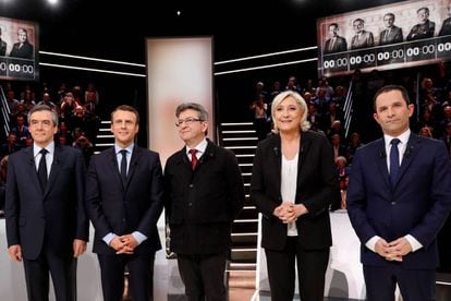 Los candidatos presidenciales: Francois Fillon, Emmanuel Macron, Jean-Luc Melenchon, Marine Le Pen y Benoit Hamon.