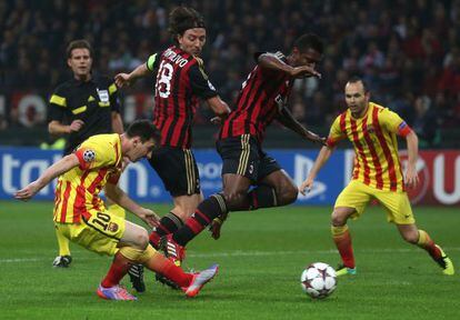 Messi marca el gol del Barça frente a Montolivo y Constant