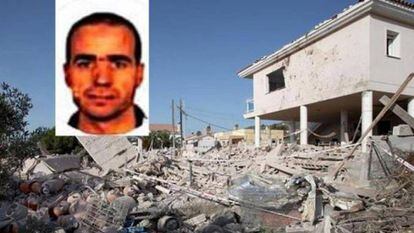 Estat en què va quedar la casa d'Alcanar després de l'explosió i retrat de l'imam Abdelbaki es Satty.