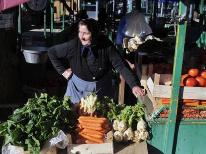 Una mujer vende verduras y frutas en el mercado de Saljevo (Serbia).