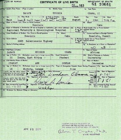 Imagen del certificado de nacimiento de Obama difundido por la Casa Blanca.