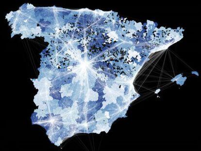 Mapa de flujo de movilidad de entre municipios basado en los viajes de los usuarios de Twitter.