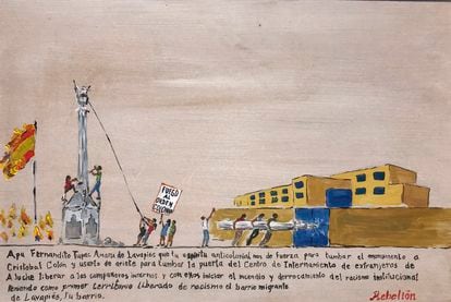 Dibujo de la serie de Daniela Otiz dedicada al derrocamiento de los monumentos coloniales en honor a Fernando Tupac Amaru.