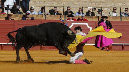 El diestro ecijano Miguel Ángel Delgado, recibe a "porta gayola" a su primero de la tarde.