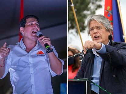 Los candidatos presidenciales de Ecuador Andrés Arauz (izquierda) y Guillermo Lasso en eventos de campaña.