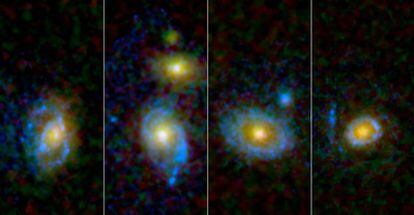 Cuatro de las galaxias alrededor de las cuales el <i>Hubble</i> ha observado anillos en el rango del ultravioleta, que se han coloreado en azul en la imagen.