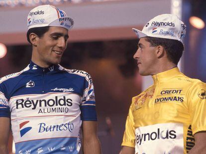 Miguel Indurain y Pedro Delgado, en el Tour de 1989.