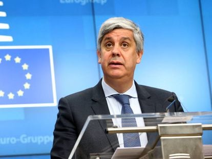 Mário Centeno, tras la reunión del Eurogrupo de febrero en Bruselas. / AFP