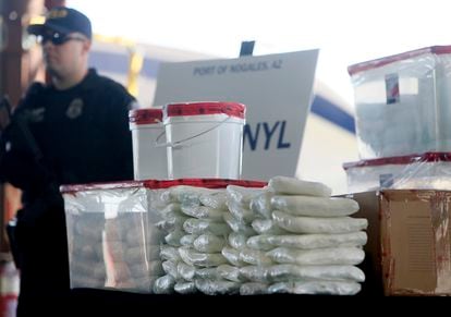 Fentanyl and methamphetamine pills seized at the Nogales, Arizona, border in 2019.