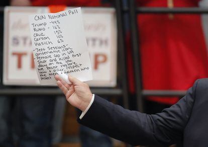 Donald Trump sostiene notas escritas a mano mientras habla durante un acto de campaña en Radford.