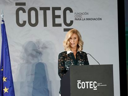 La presidenta de Cotec, Cristina Garmendia, interviene en la presentación del Anuario 2023 de la Fundación Cotec, este miércoles en Madrid.