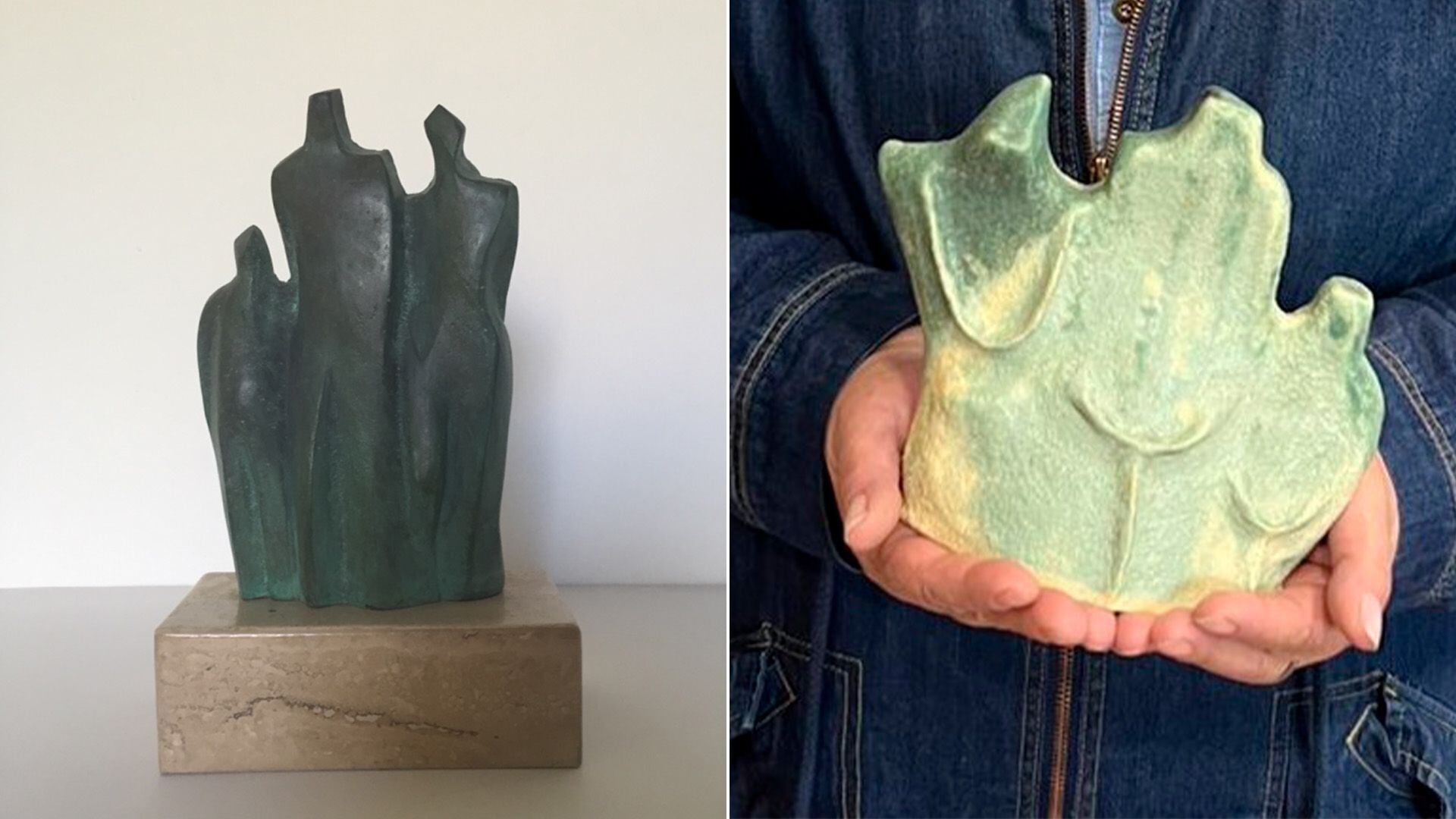 A la izquierda, la escultura de pequeña escala de María Angélica Echavarri. A la derecha, la estatuilla de cerámica entregada por la UDI.