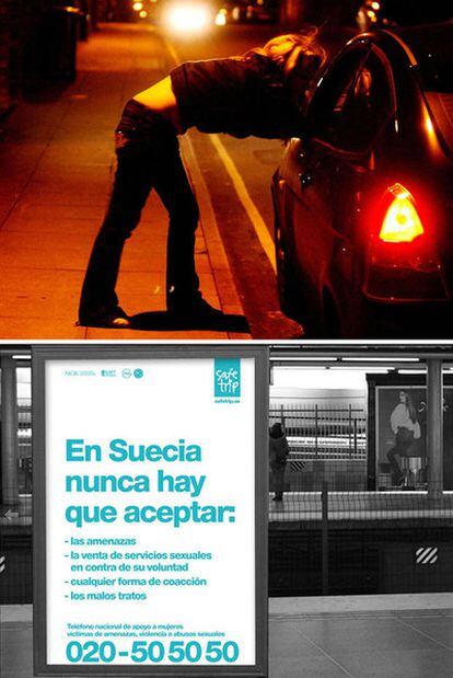 Una prostituta habla con un conductor en una calle de Suecia en 2006. Abajo, imagen de la campaña institucional contra el tráfico de personas.
