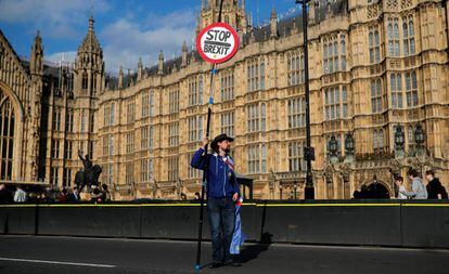 Un manifestante en contra del Brexit frente al Parlamento británico en Londres.