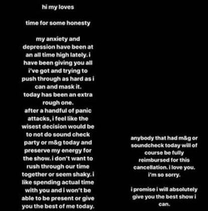 El mensaje que Ariana Grande publicó en su Instagram.
