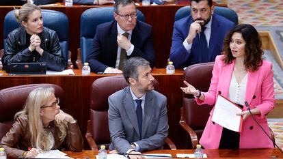 La presidenta de la Comunidad de Madrid, Isabel Díaz Ayuso, interviene durante el pleno de la Asamblea de Madrid, este jueves.