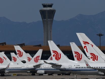 Aviones de la compañía de bandera china, Air China, en el aeropuerto Capital, en Pekín