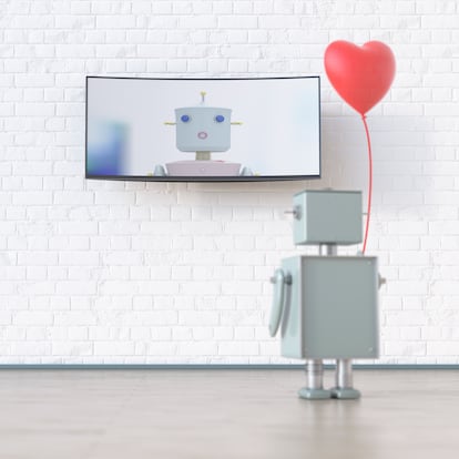 Dos robots tienen una conversación romántica por videoconferencia.